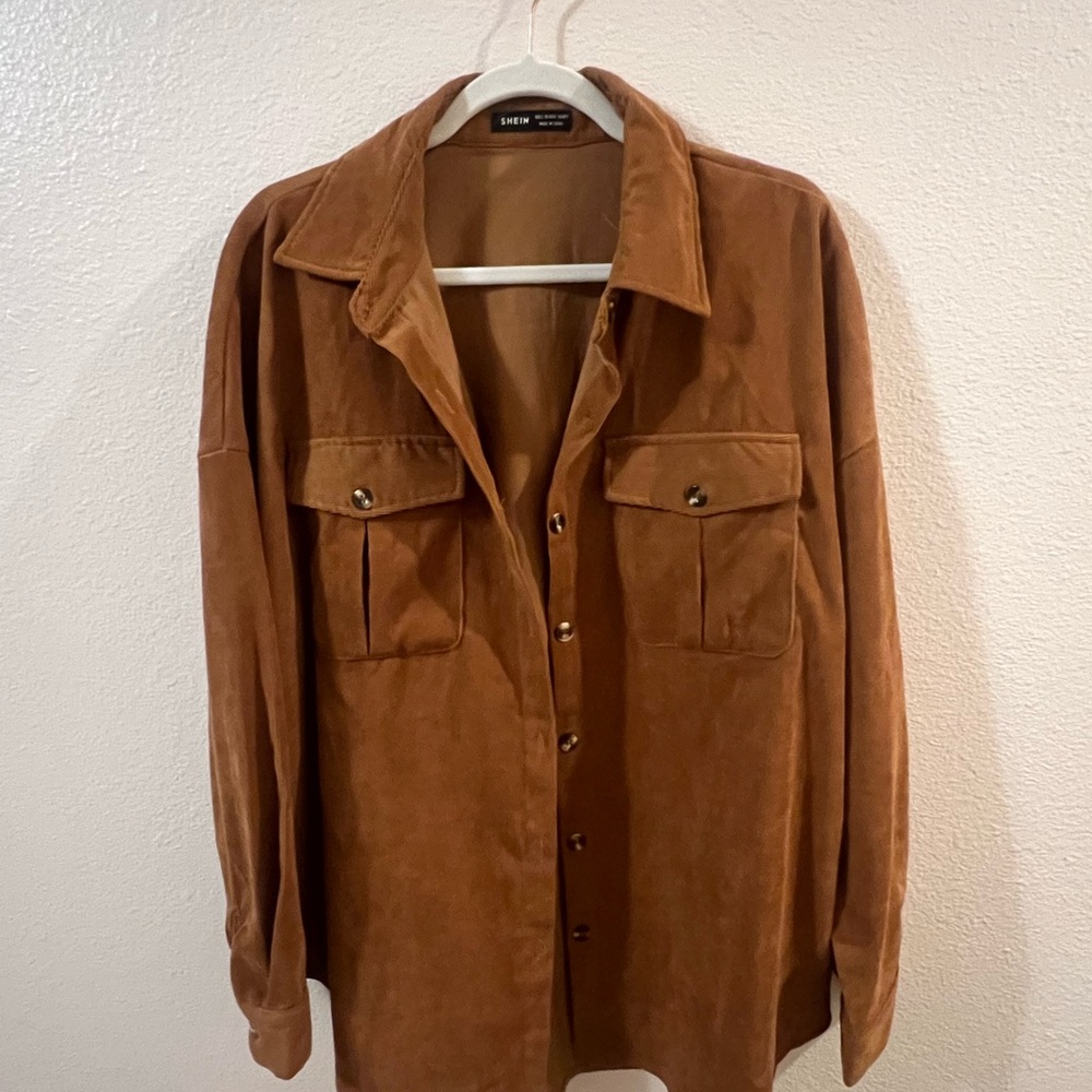 SHEIN Chest-Pocket Suede Shirt Jacket - Brown